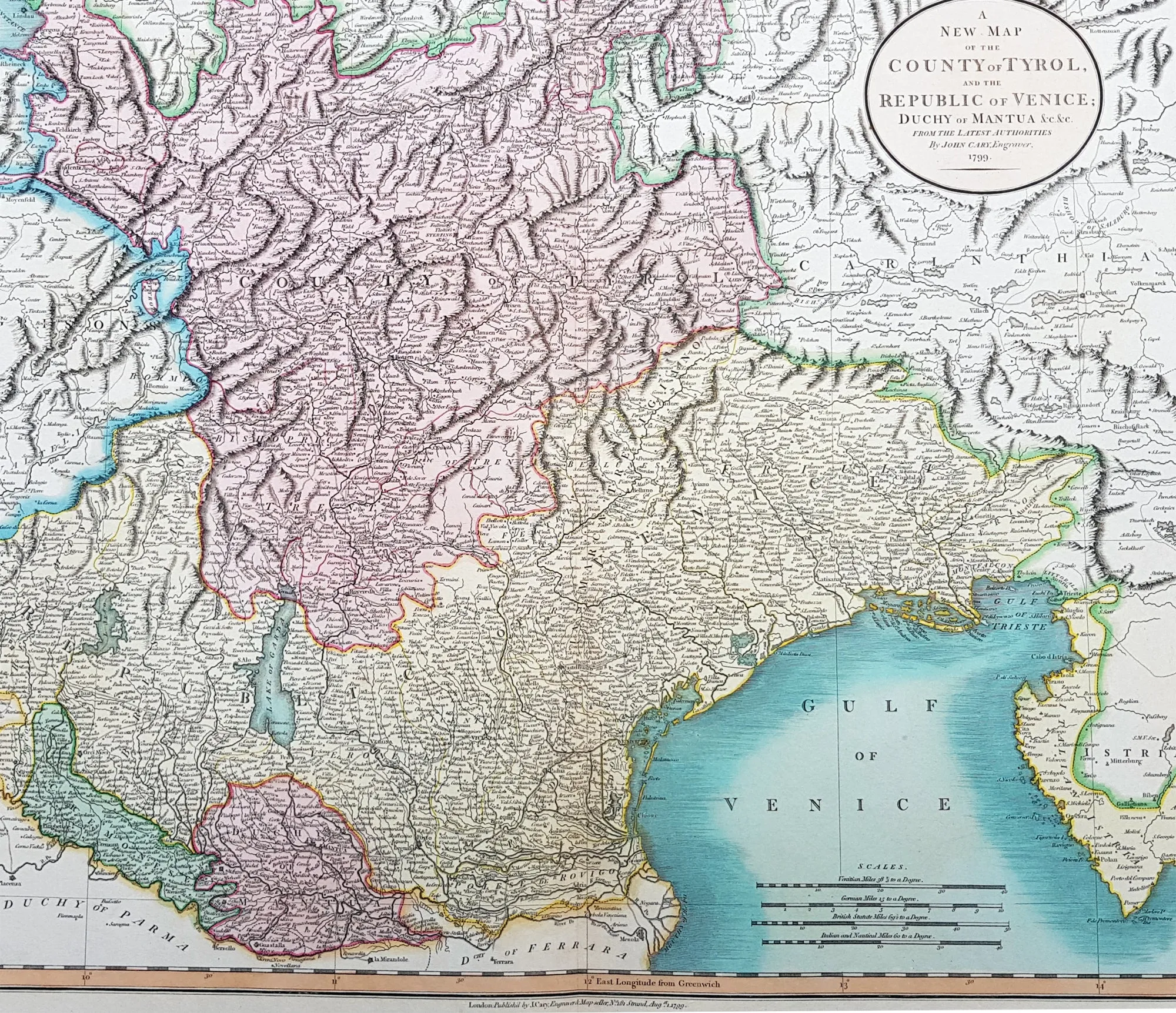 1799 John Cary Large Antique Map The Republic of Venice w/ Tyrol & Mantua Italy