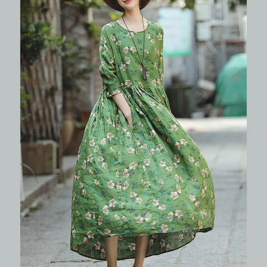 2018 green print natural linen dress Loose fitting O neck linen clothing dresses 2018 Three Quarter sleeve baggy dresses