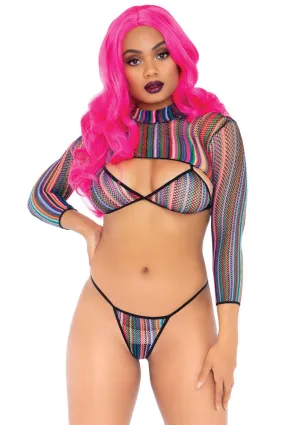 3 Pc Fishnet Bikini G-String and Crop Top