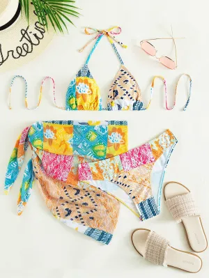 3Pack Patchwork Print Triangle Bikini Swimsuit & Beach Skirt