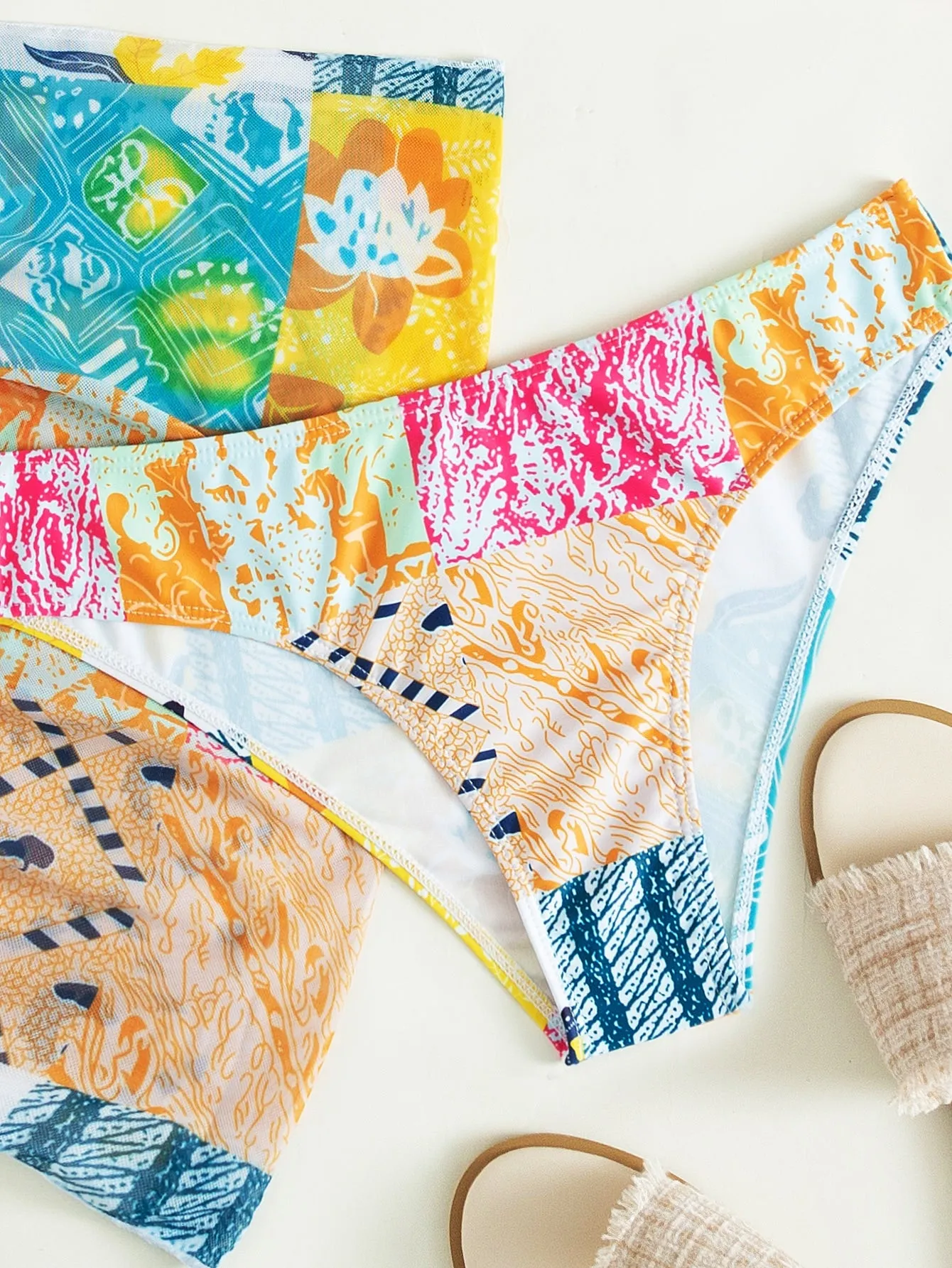 3Pack Patchwork Print Triangle Bikini Swimsuit & Beach Skirt
