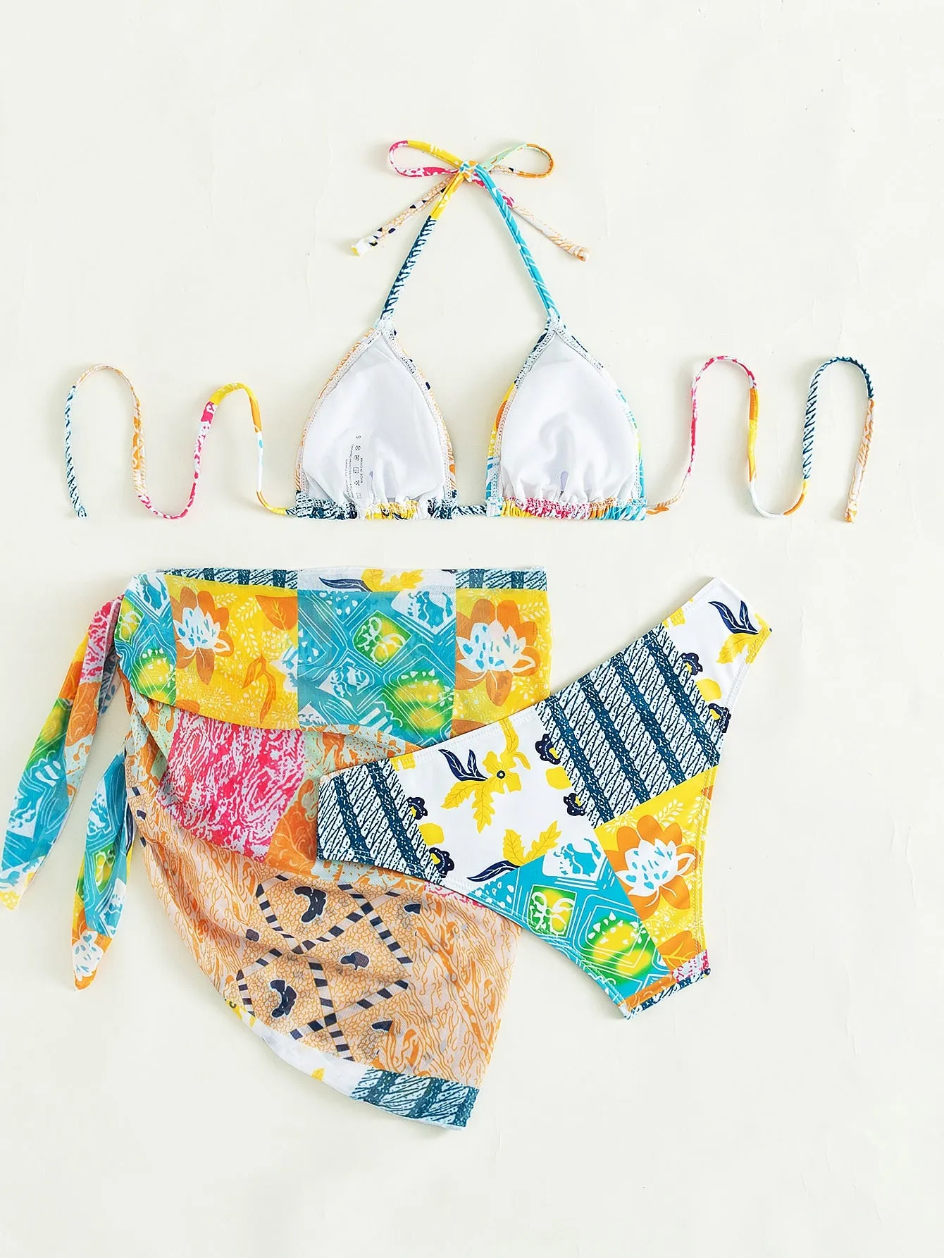 3Pack Patchwork Print Triangle Bikini Swimsuit & Beach Skirt