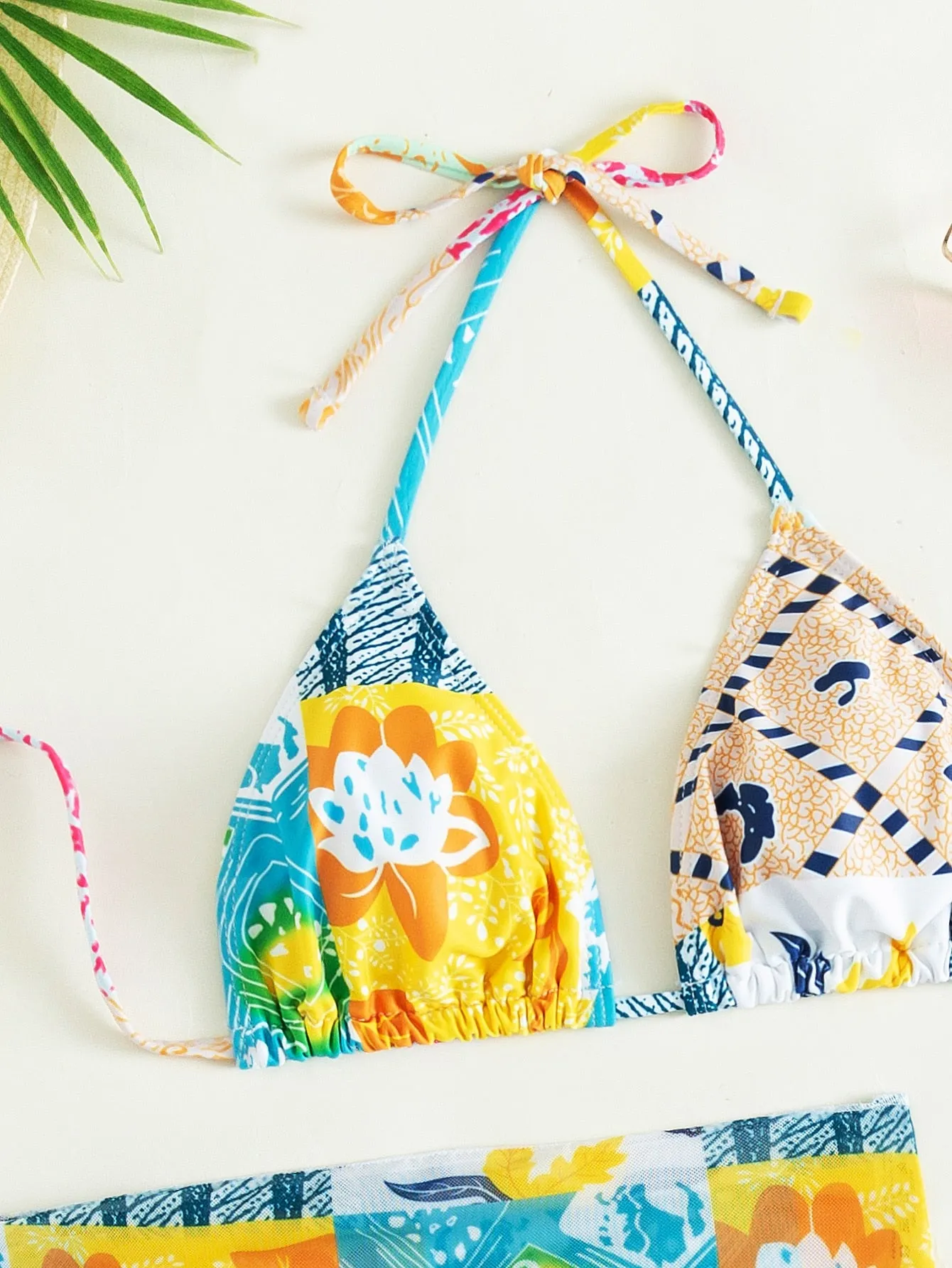 3Pack Patchwork Print Triangle Bikini Swimsuit & Beach Skirt