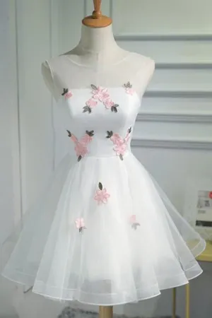 A Line Cheap Tulle Graduation with Pink Appliques Short Sleeveless Prom Dress