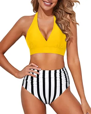Adjustable Halter Top Bikini Set Women's Bikini Swimsuits-Yellow And Stripe