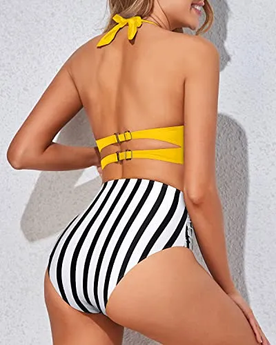 Adjustable Halter Top Bikini Set Women's Bikini Swimsuits-Yellow And Stripe