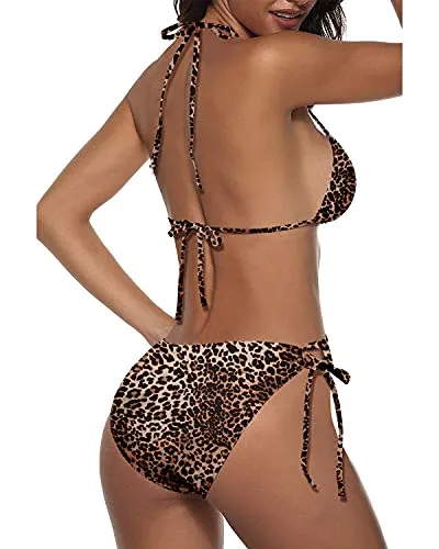 Adjustable Ties Women Two Piece Halter Bikini-Leopard