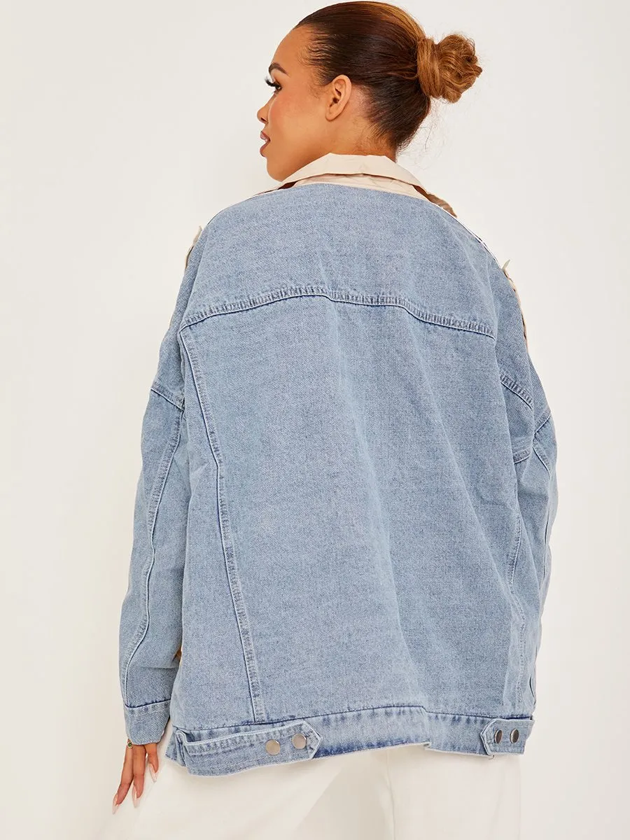 Aime Contrast Colour Block Denim Jacket In Stone