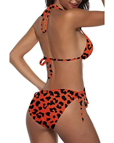 Alluring Tie Side Bottom Bikini Sets For Women-Orange And Leopard