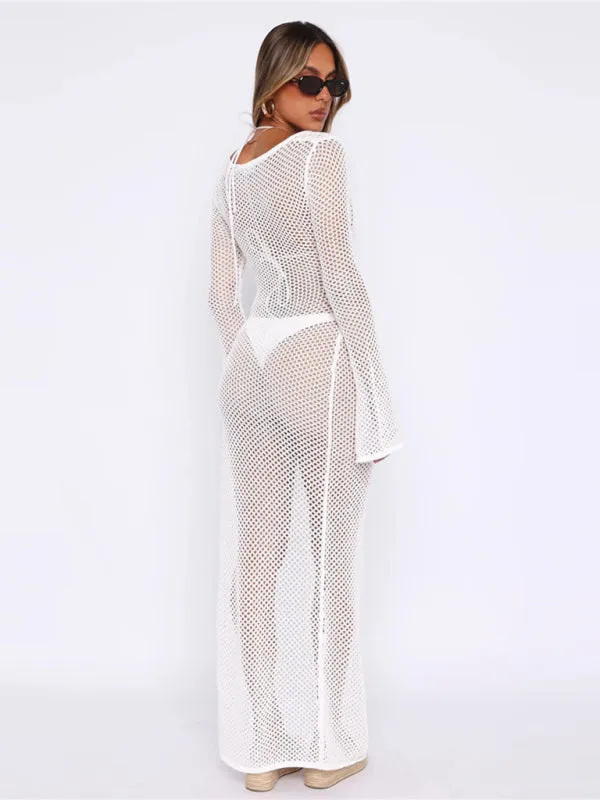 Beach Cover-Up Summer Maxi Dress with Open Knitting & Long Sleeves
