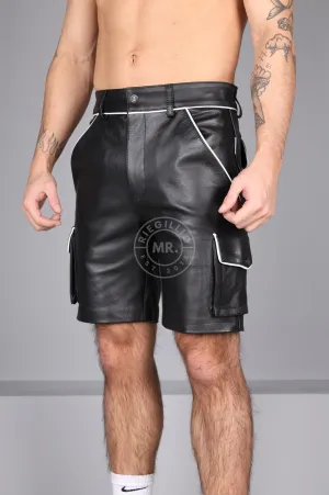 Black Leather Cargo Short - White Piping