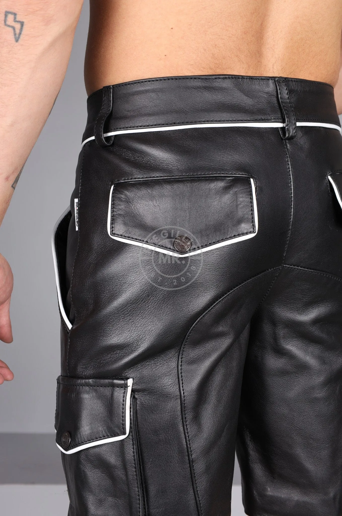 Black Leather Cargo Short - White Piping