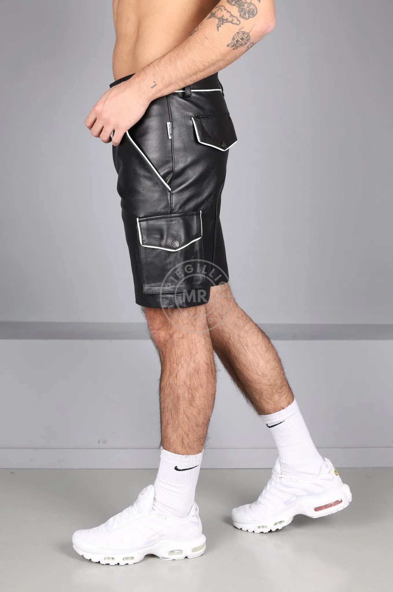 Black Leather Cargo Short - White Piping