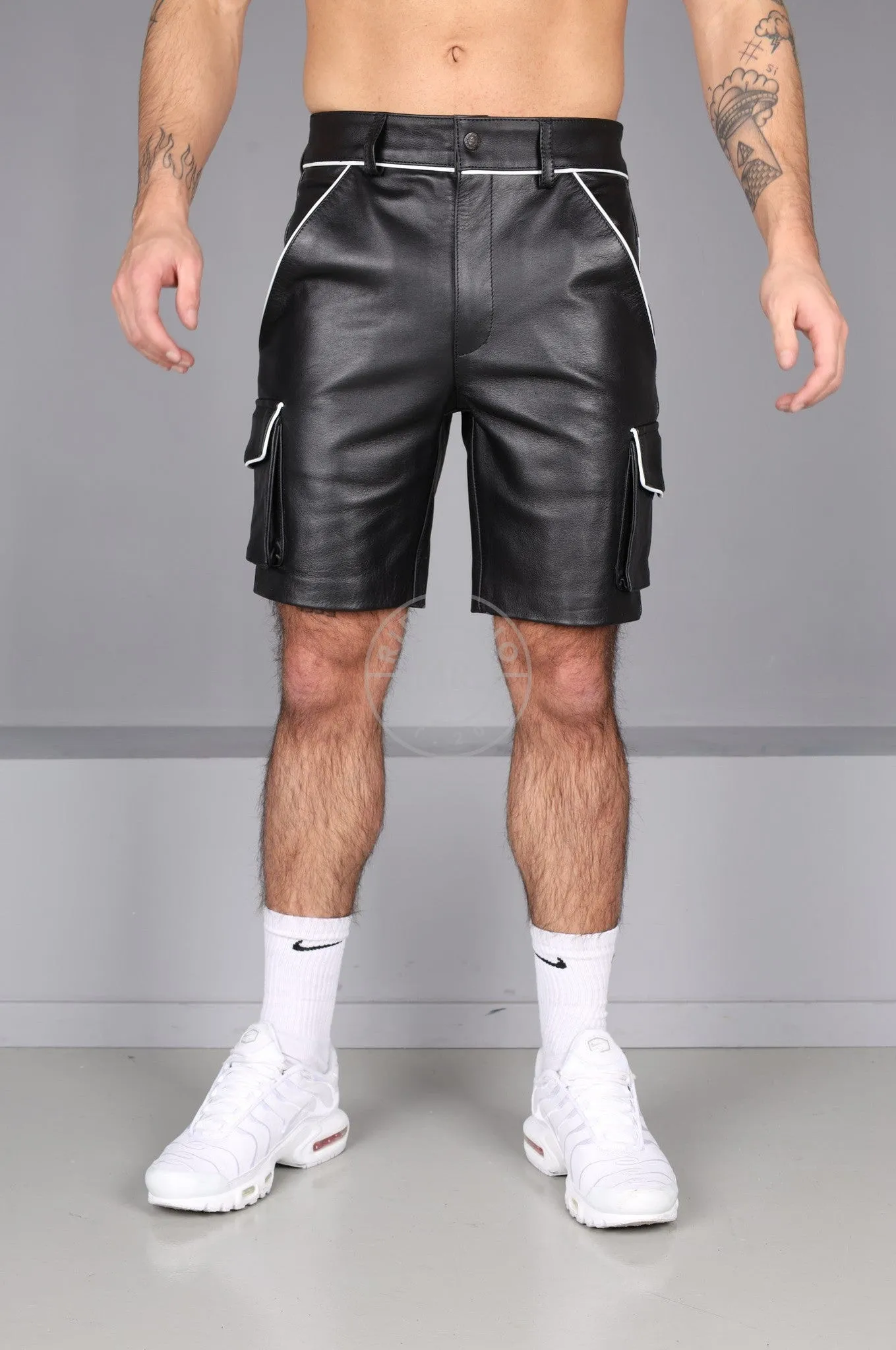 Black Leather Cargo Short - White Piping