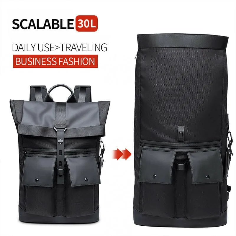 Black Roll-top Casual Business Backpack Large Capacity Travel Bag
