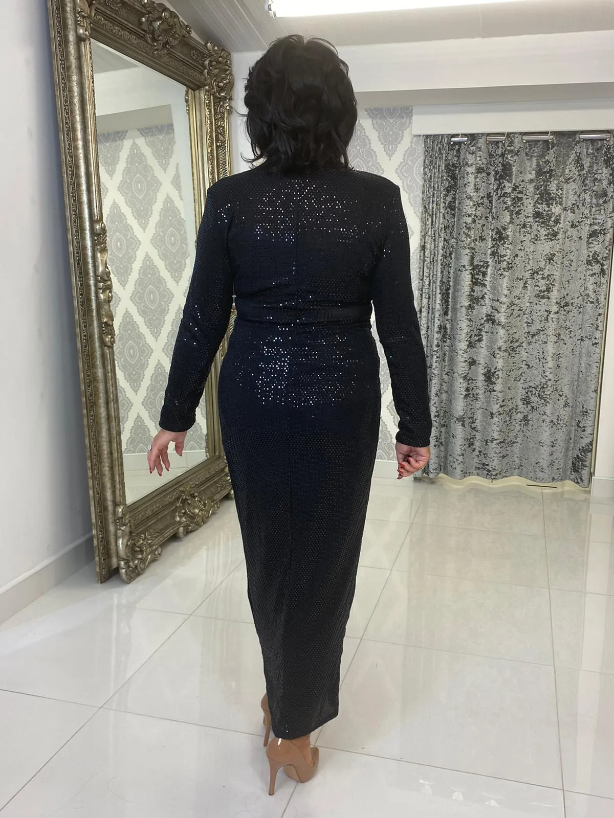 Black Sequin Midi Ruched Dress