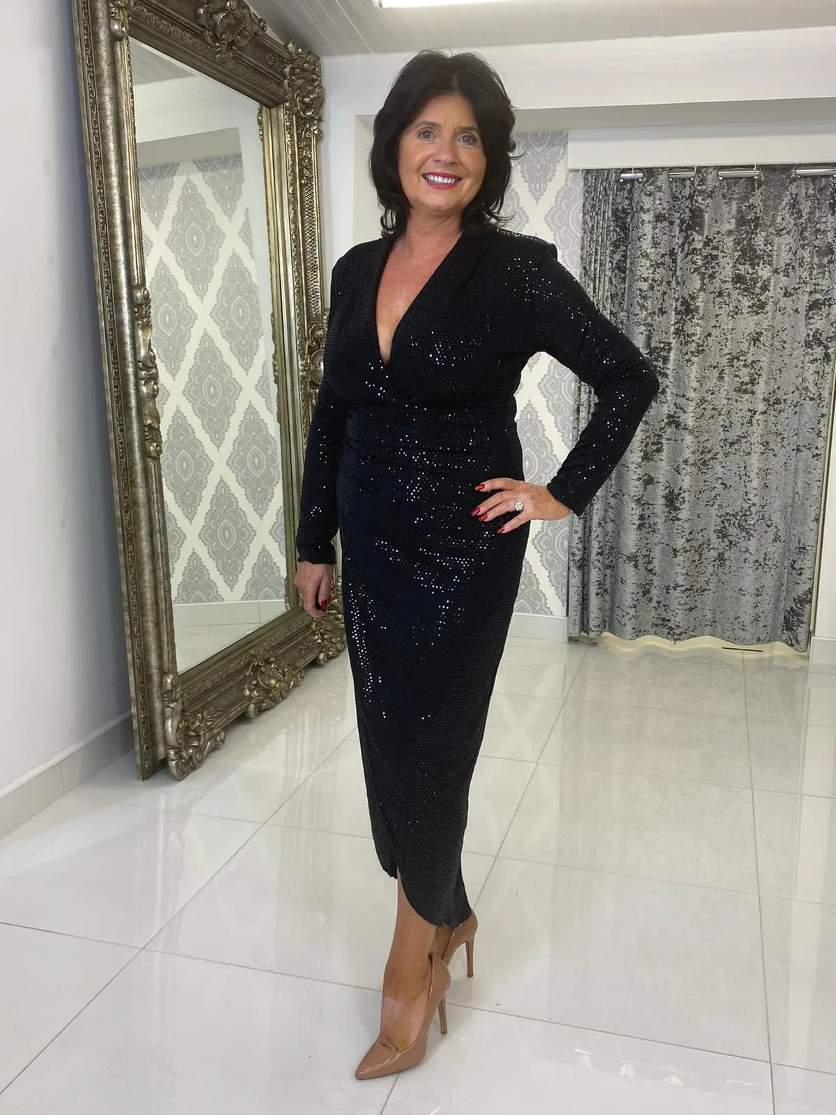 Black Sequin Midi Ruched Dress