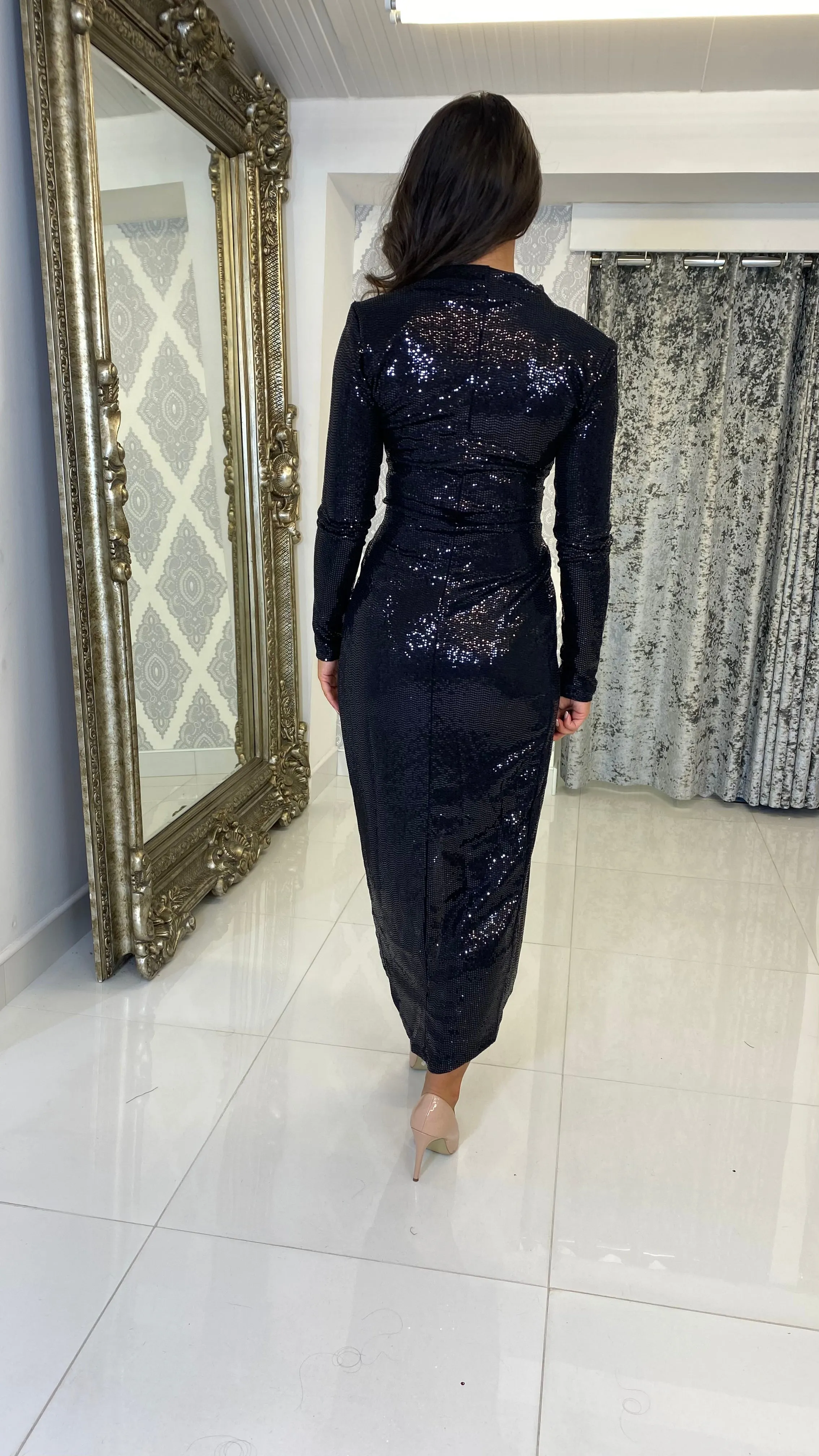 Black Sequin Midi Ruched Dress