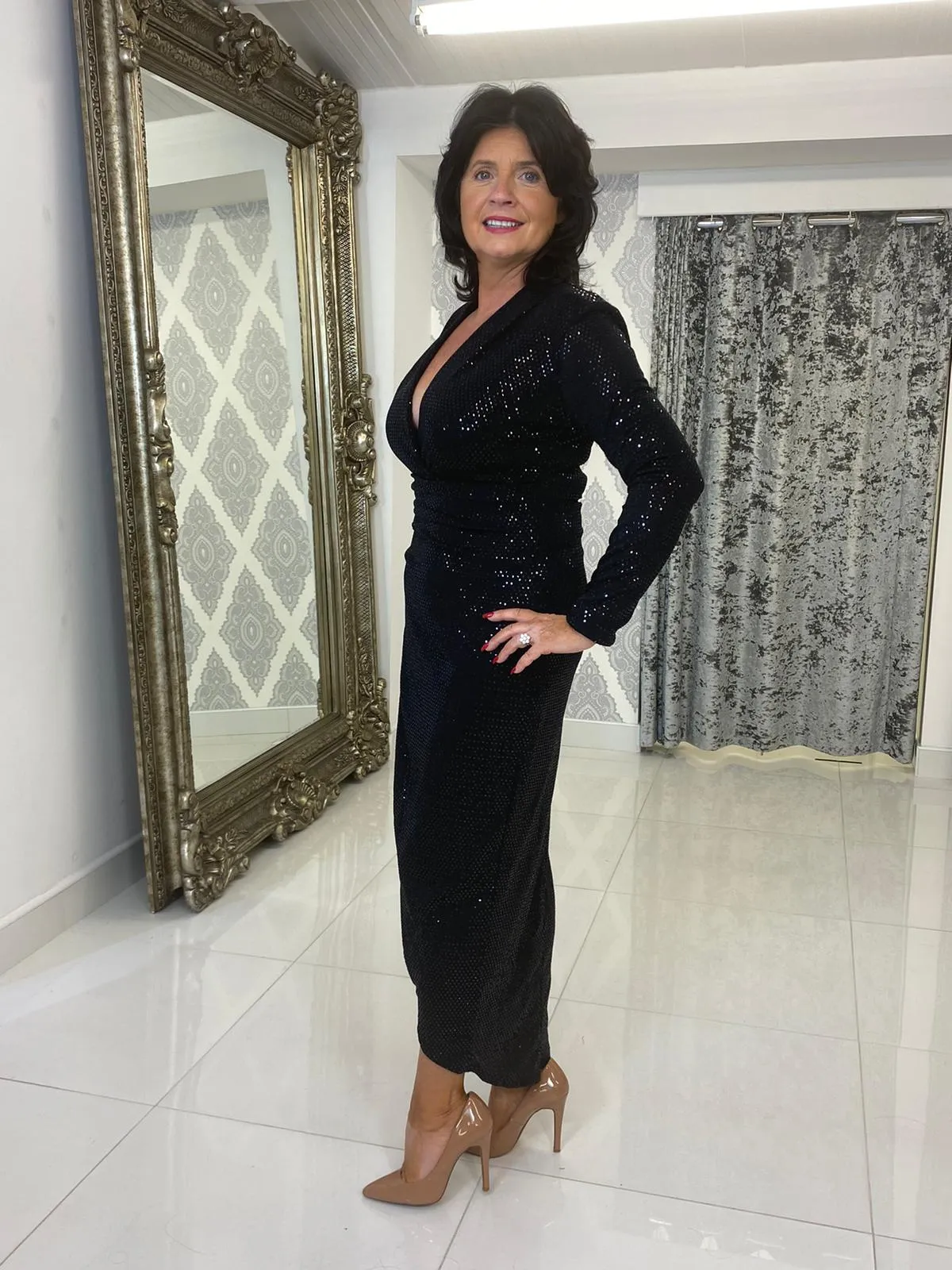 Black Sequin Midi Ruched Dress