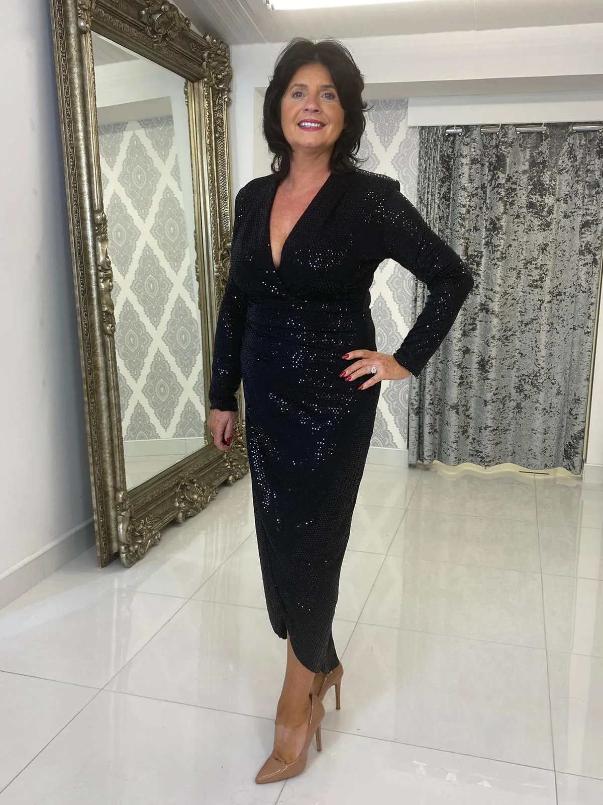 Black Sequin Midi Ruched Dress