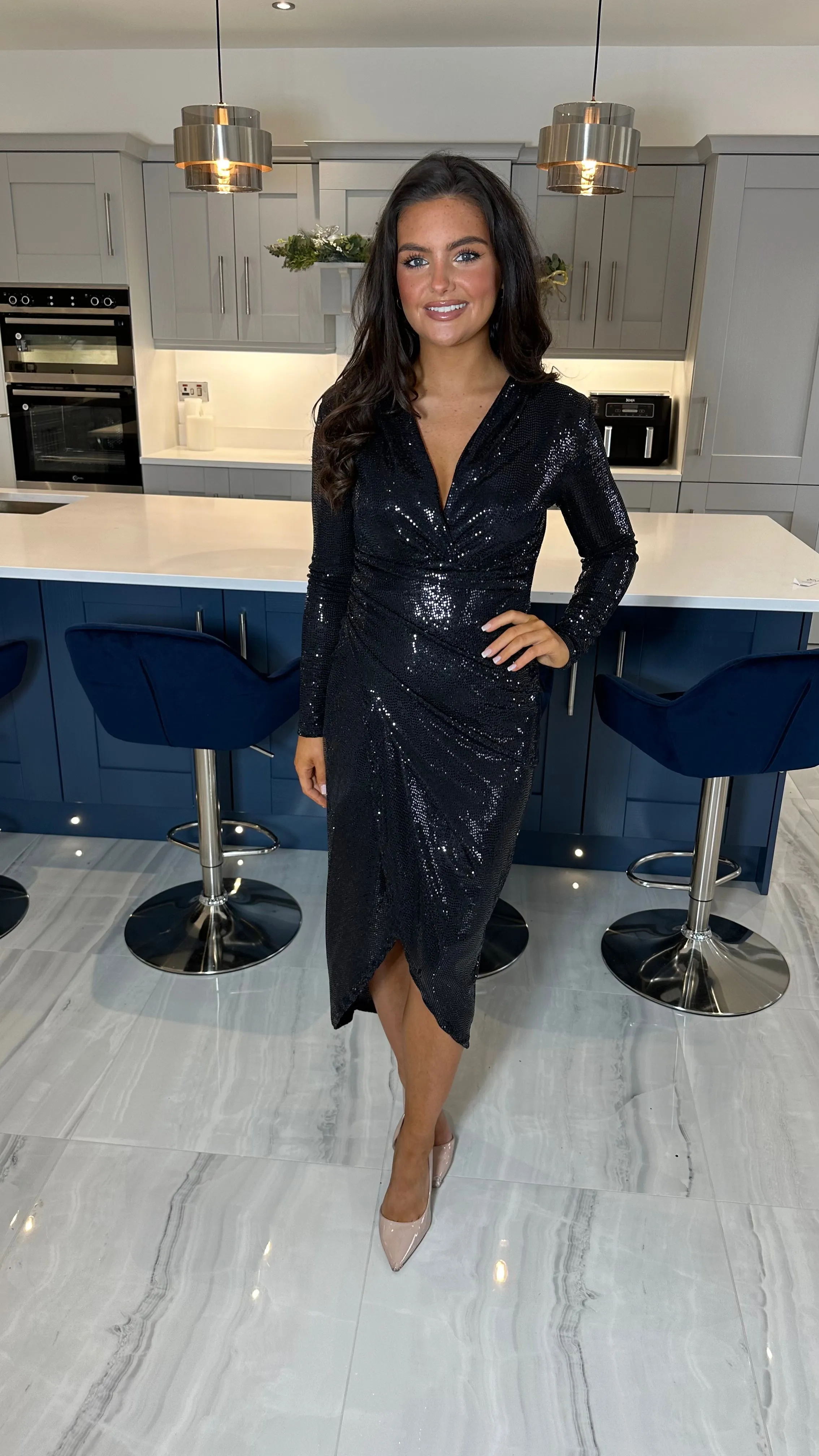 Black Sequin Midi Ruched Dress