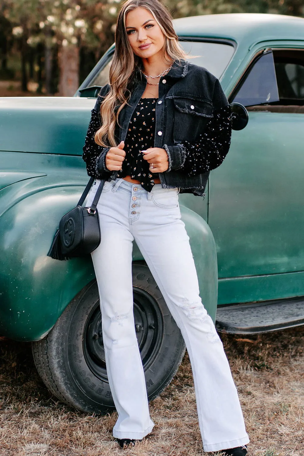 Black Sequin Sleeve Denim Jacket