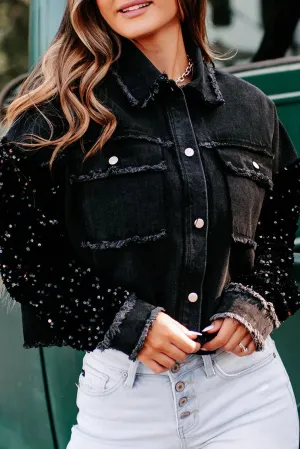 Black Sequin Sleeve Denim Jacket