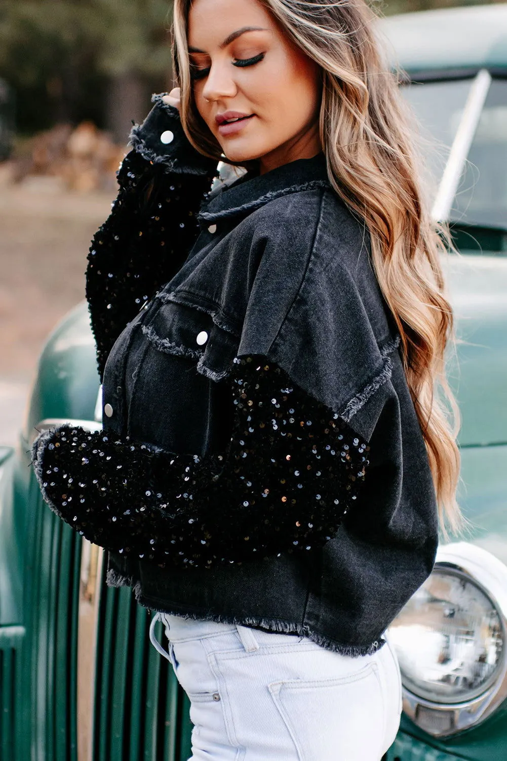 Black Sequin Sleeve Denim Jacket