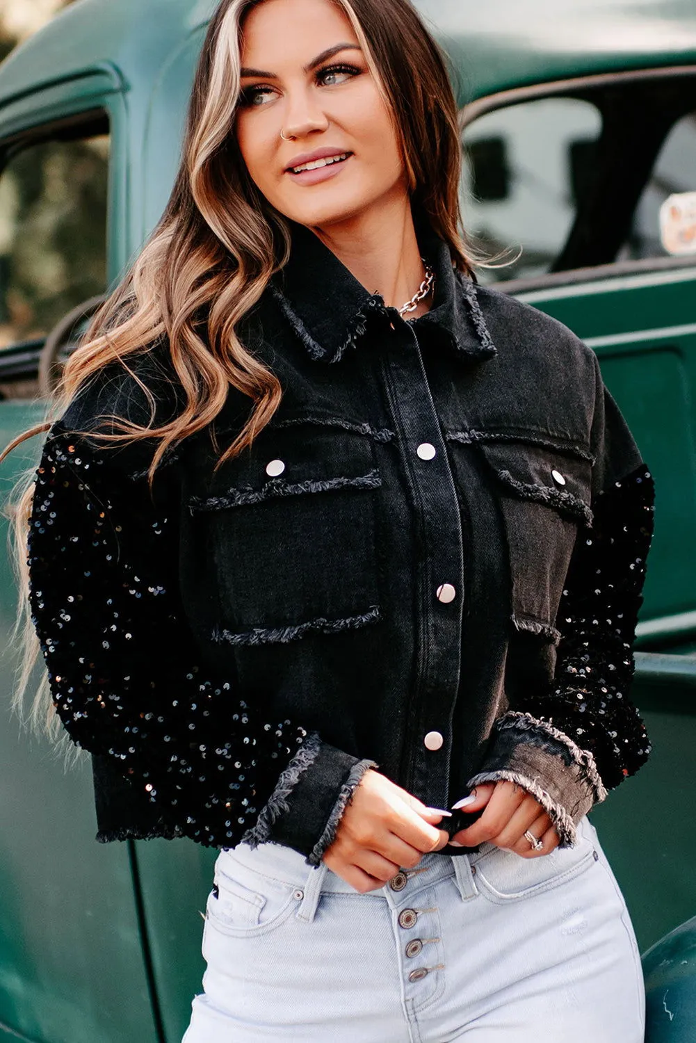 Black Sequin Sleeve Denim Jacket