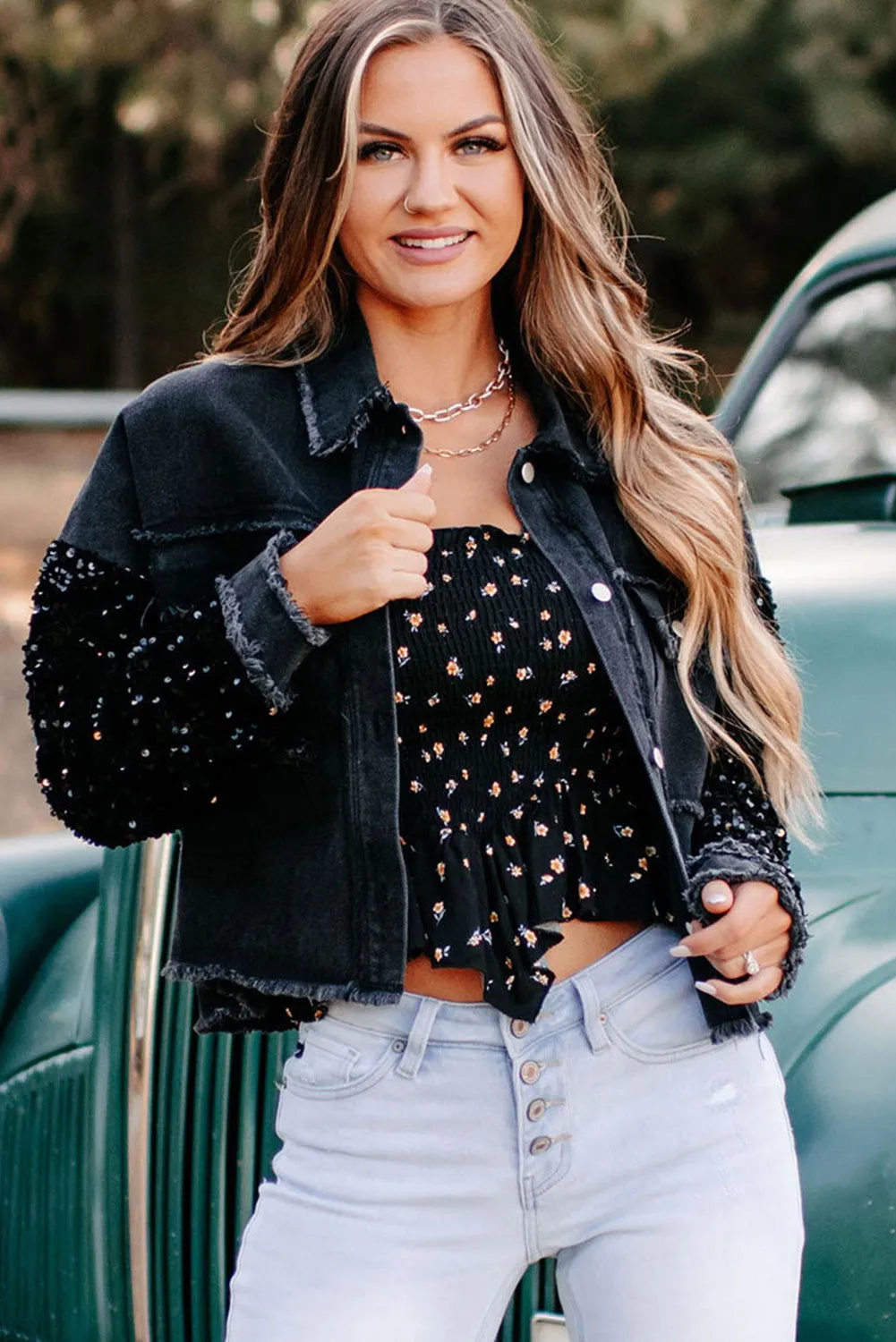 Black Sequin Sleeve Denim Jacket