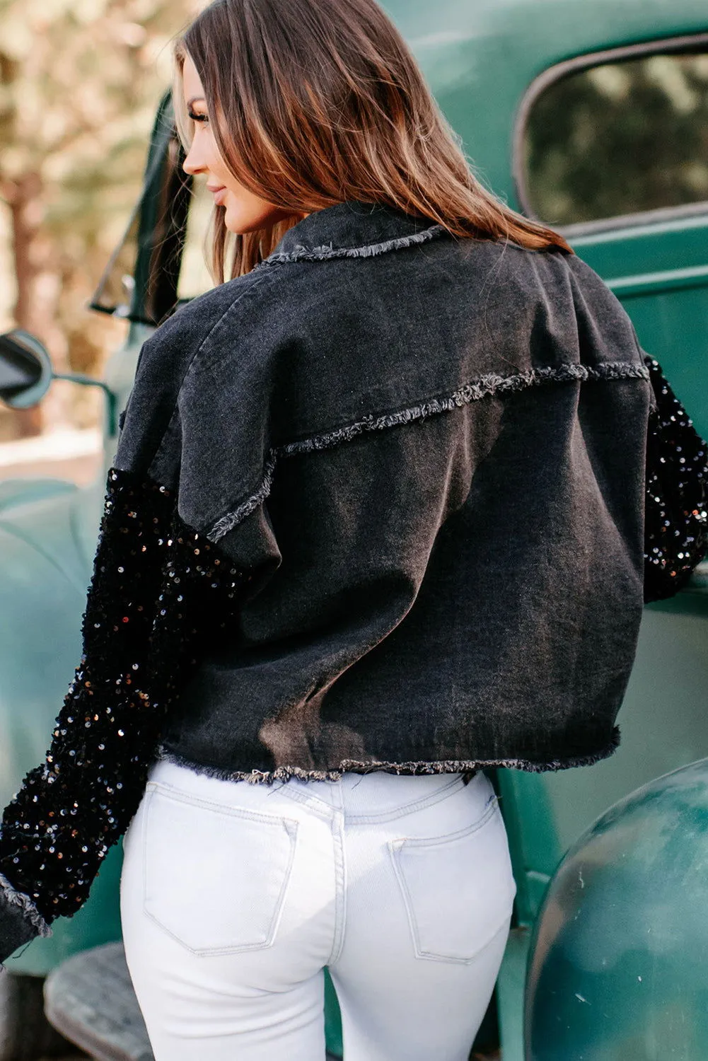 Black Sequin Sleeve Denim Jacket