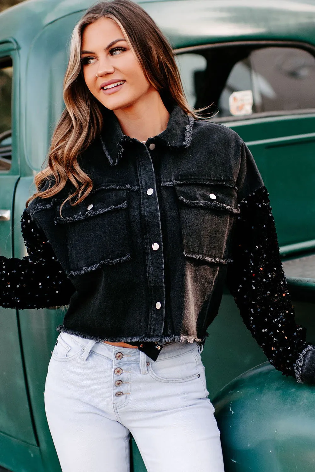 Black Sequin Sleeve Denim Jacket