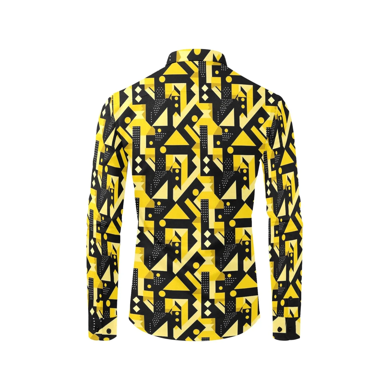 Black Yellow Geometric Long Sleeve Men Button Up Shirt, Abstract Modern Print Casual Buttoned Collared Designer Dress Shirt Chest Pocket