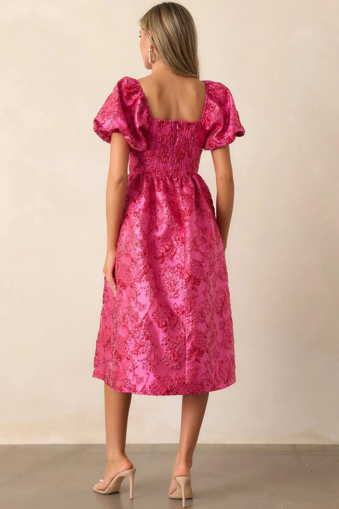 Blooming Hearts Pink Floral Jacquard Midi Dress