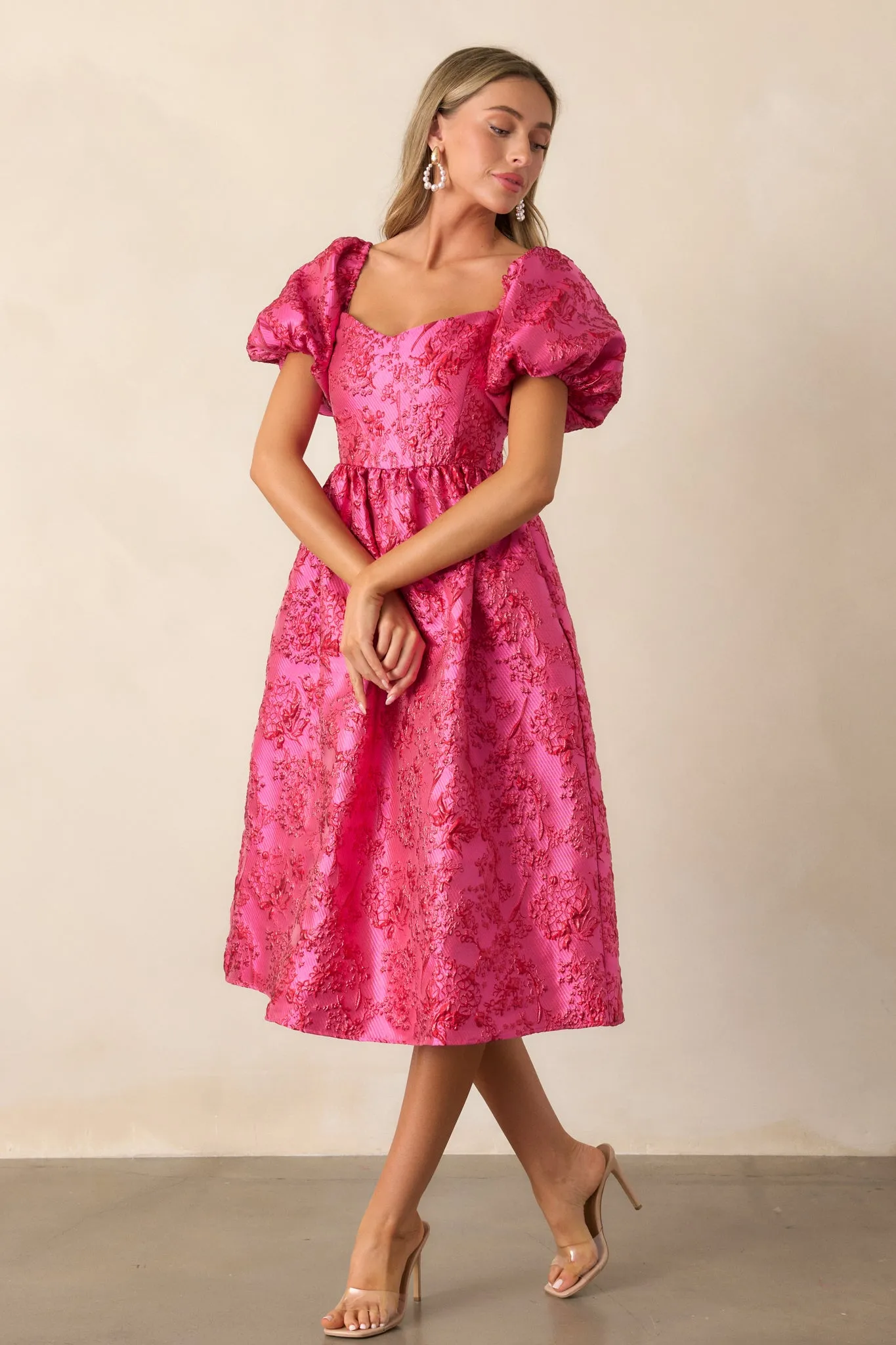 Blooming Hearts Pink Floral Jacquard Midi Dress