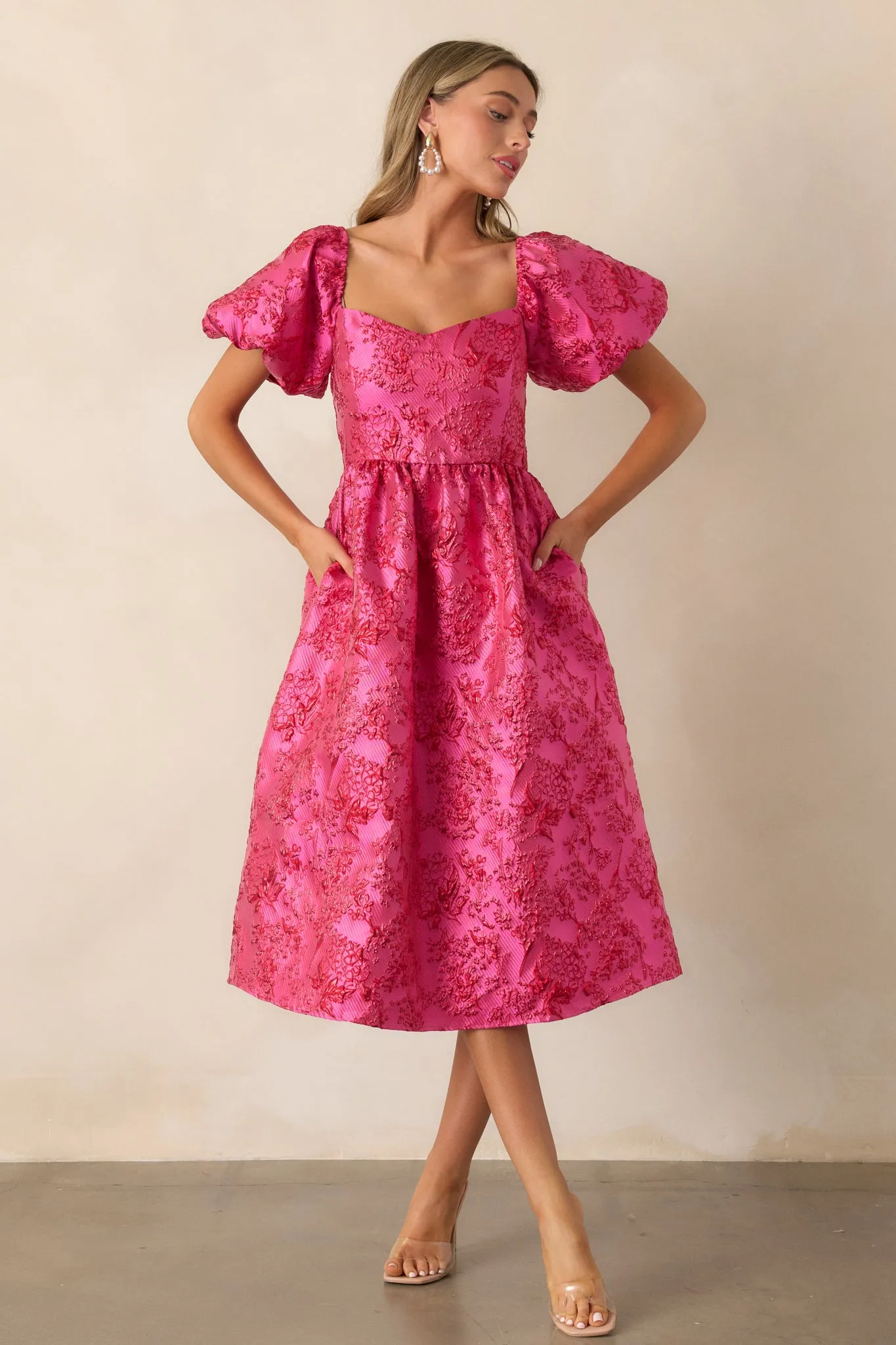 Blooming Hearts Pink Floral Jacquard Midi Dress