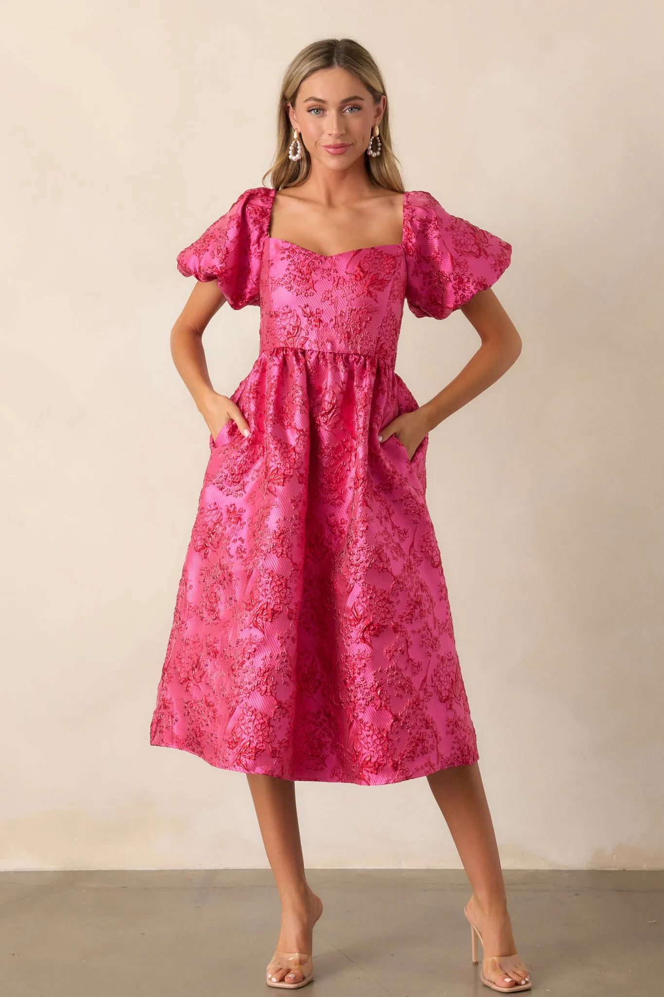 Blooming Hearts Pink Floral Jacquard Midi Dress