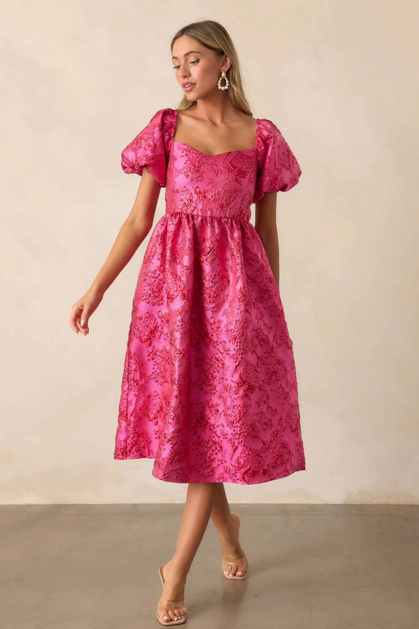 Blooming Hearts Pink Floral Jacquard Midi Dress