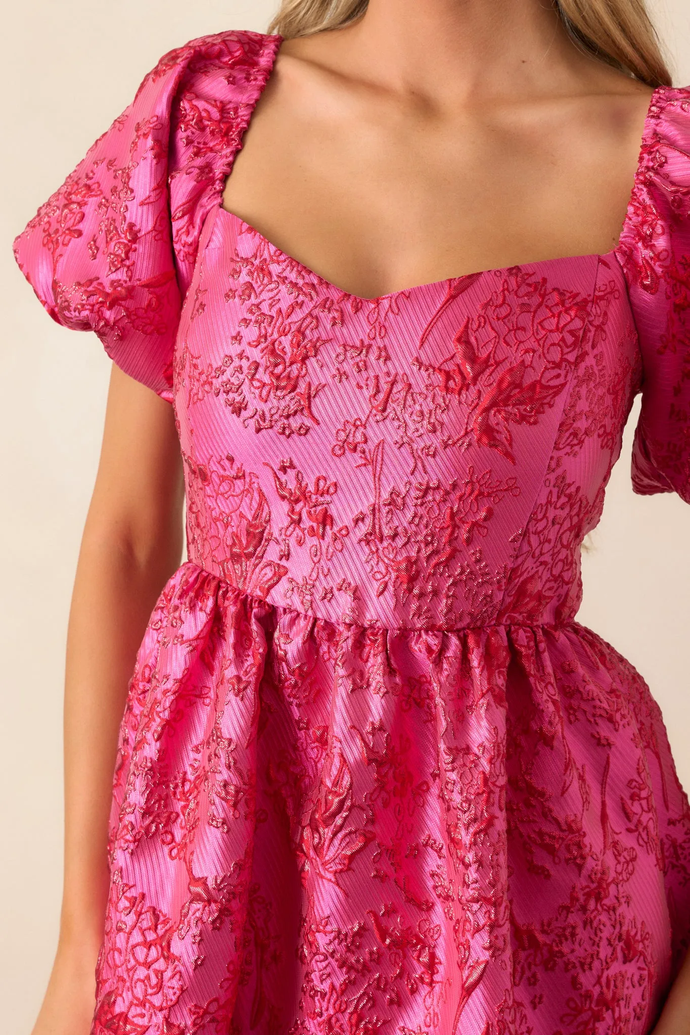 Blooming Hearts Pink Floral Jacquard Midi Dress
