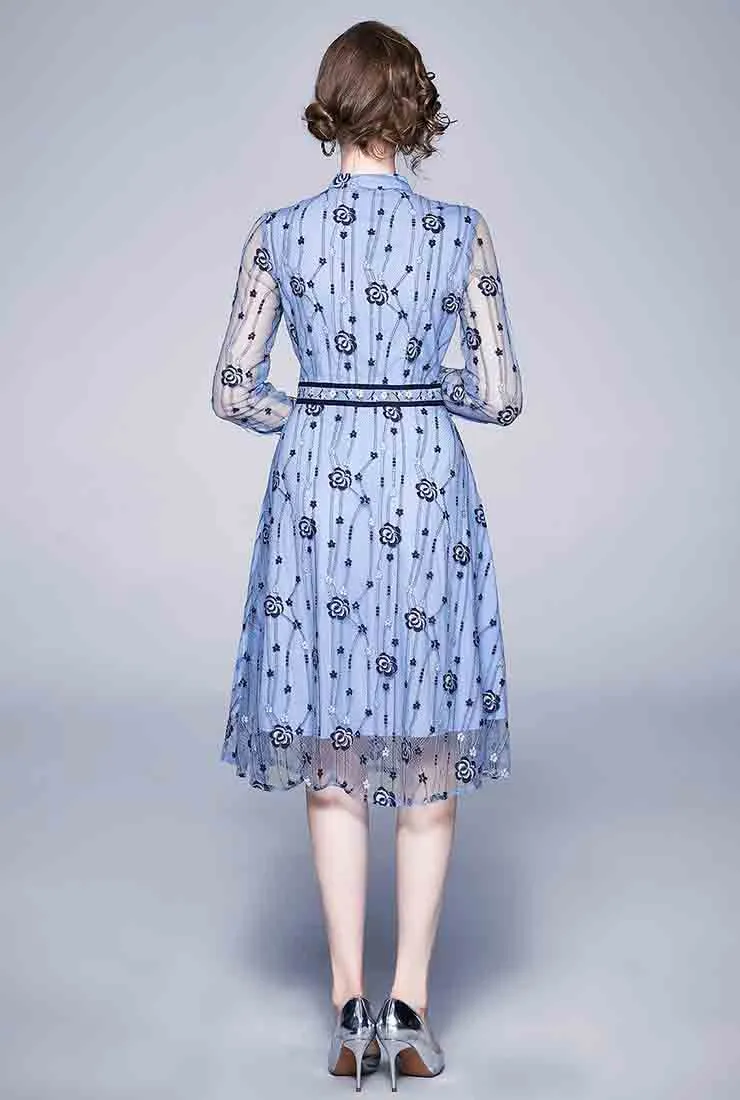 Blue Long Sleeve Lace Midi A-Line Dress