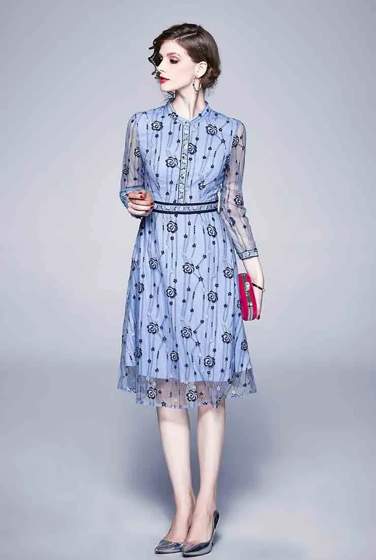 Blue Long Sleeve Lace Midi A-Line Dress