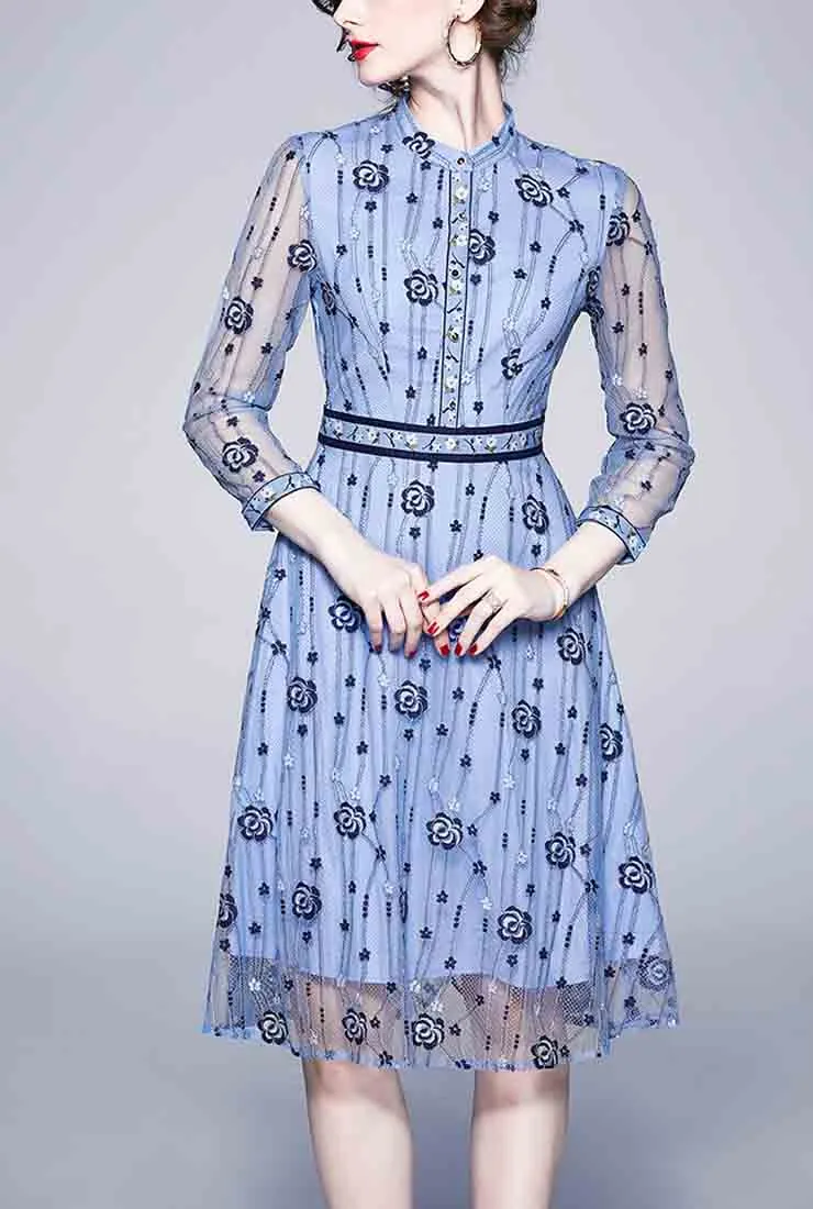 Blue Long Sleeve Lace Midi A-Line Dress