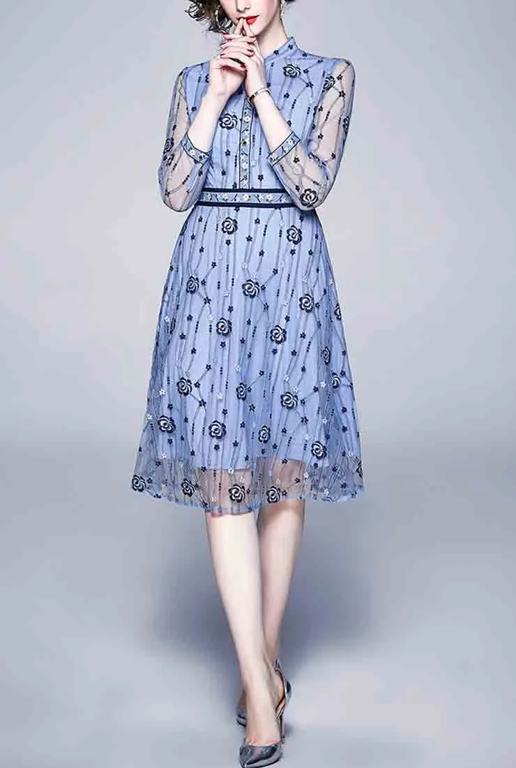 Blue Long Sleeve Lace Midi A-Line Dress