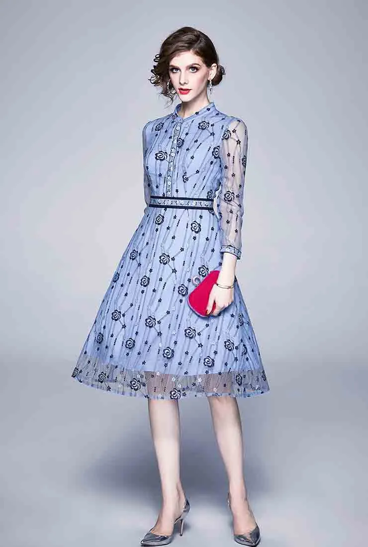 Blue Long Sleeve Lace Midi A-Line Dress