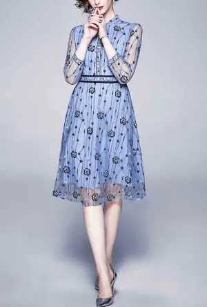 Blue Long Sleeve Lace Midi A-Line Dress
