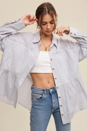 Blue Pinstripe Button Up Shirts Top