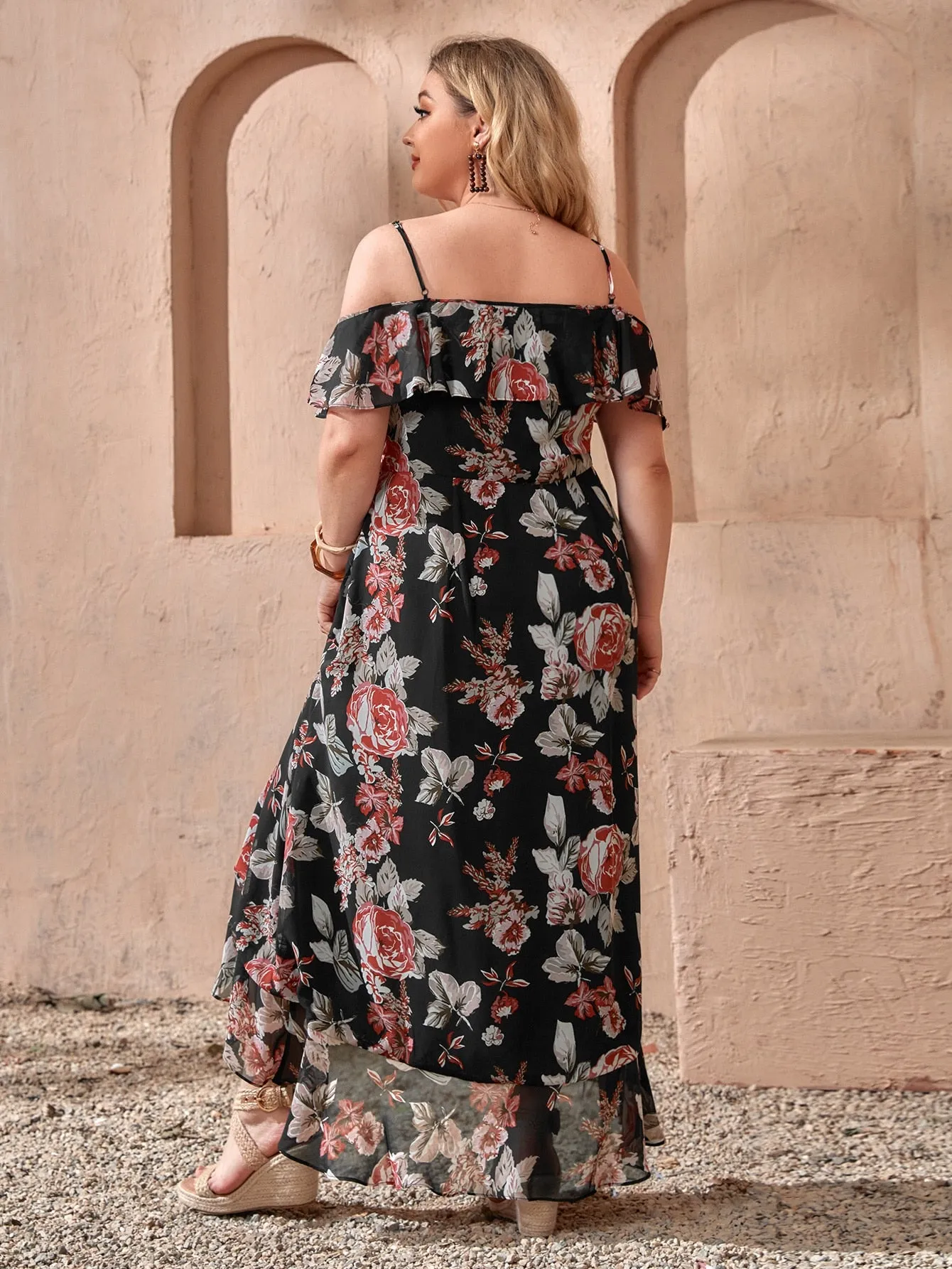 Boho Floral Wrap Short Sleeve Spaghetti Strap Wrap High Waist Long Plus Size Dress