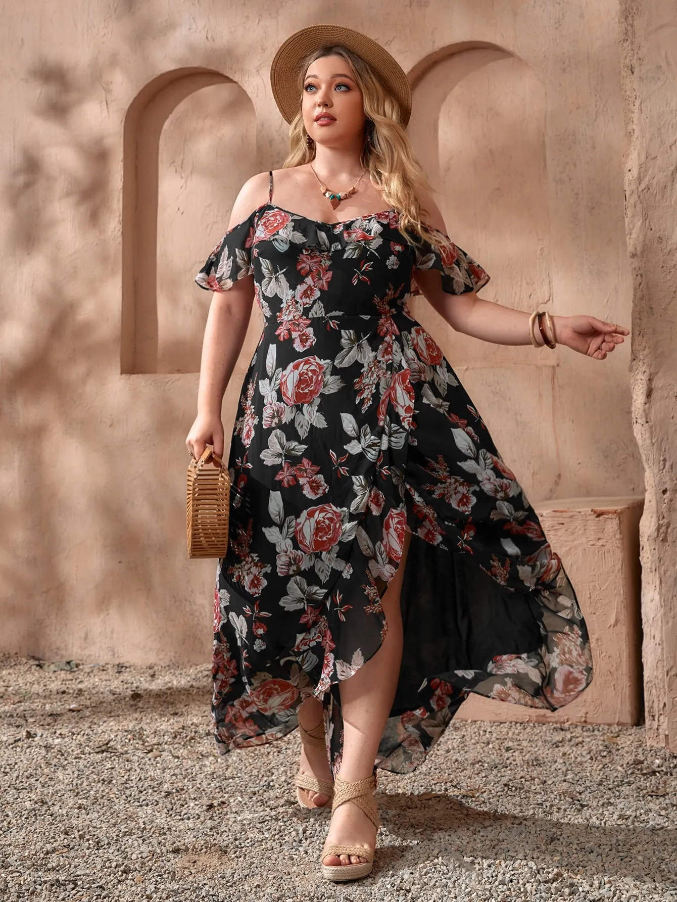 Boho Floral Wrap Short Sleeve Spaghetti Strap Wrap High Waist Long Plus Size Dress