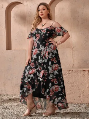 Boho Floral Wrap Short Sleeve Spaghetti Strap Wrap High Waist Long Plus Size Dress