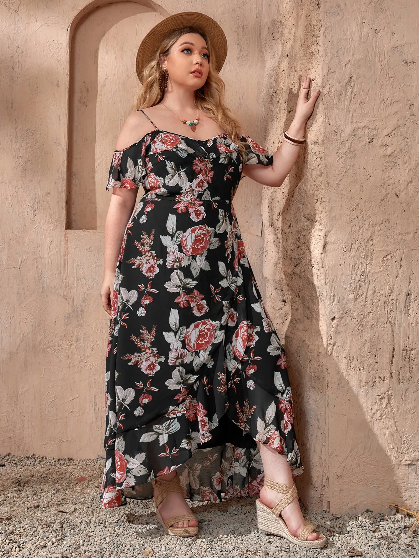 Boho Floral Wrap Short Sleeve Spaghetti Strap Wrap High Waist Long Plus Size Dress